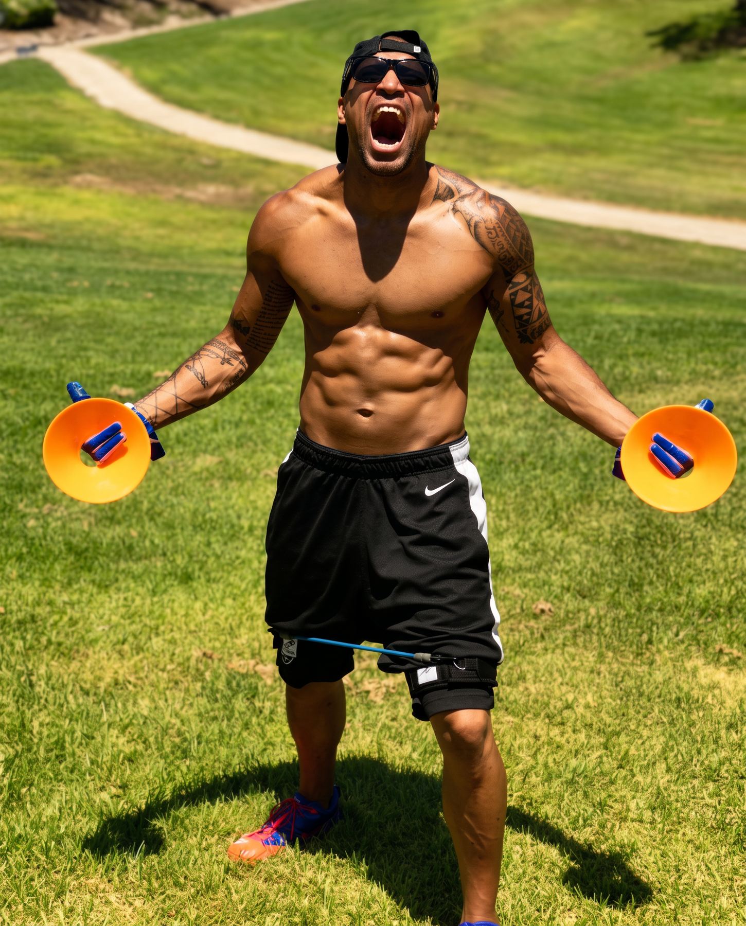 Coach Jason Pabillano shouting with intensity while holding training cones on a grass field