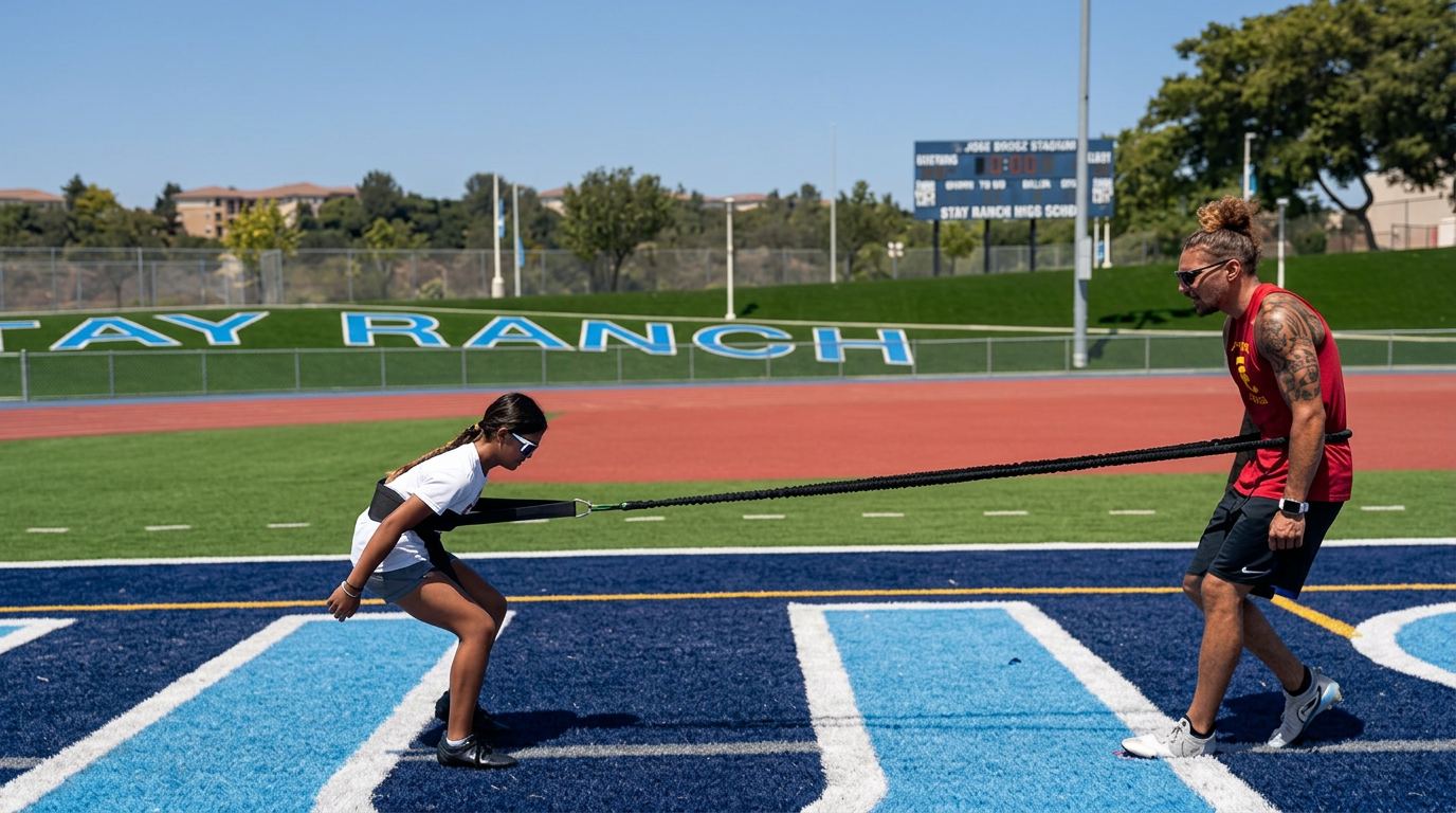 Athlete accelerating against band resistance across the field