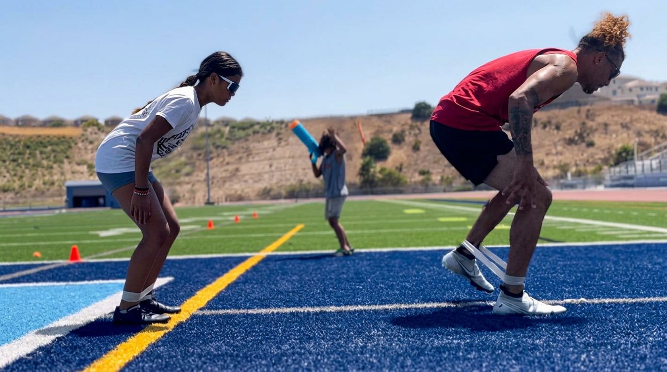 Two athletes loading an athletic stance during a field session