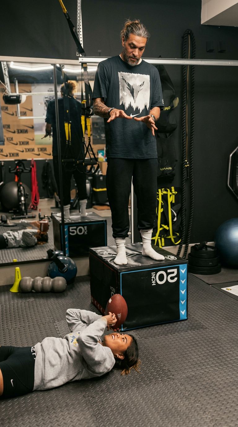 Coach Jason coaching from a plyo box while an athlete works through core patterns