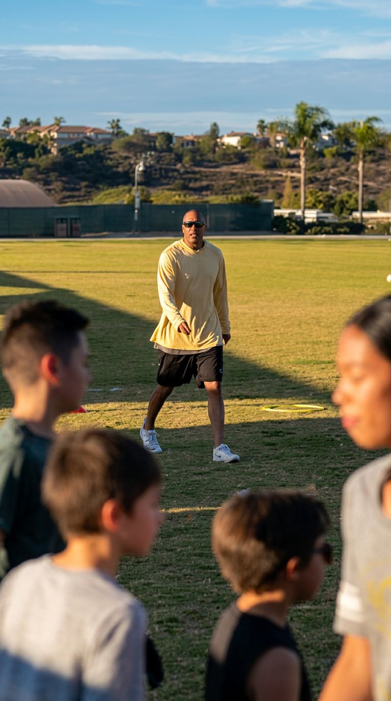 Coach Jason leading a group of young athletes through a field walkthrough