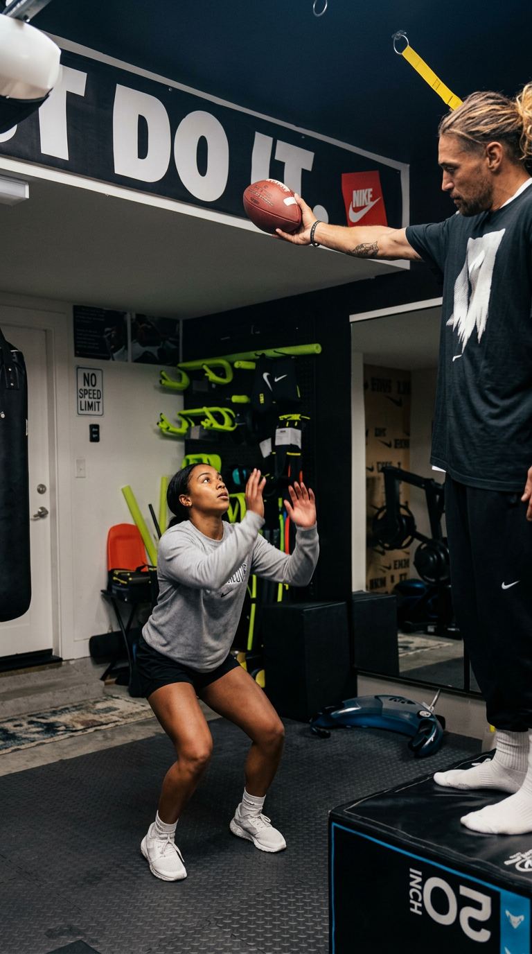 Coach Jason holding a football overhead as an athlete performs vertical jumps