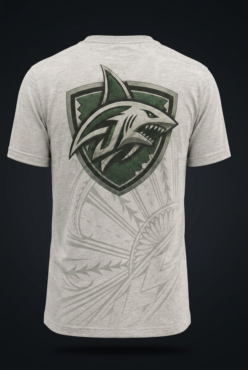 Back of the heather grey Coach Shark tee with the full shark shield crest over tribal linework