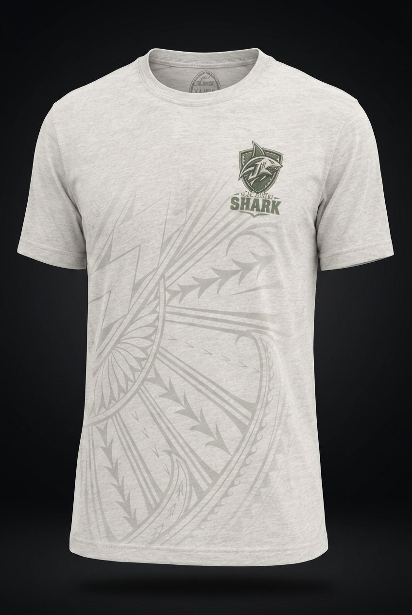 Heather grey Coach Shark tee with left-chest shark crest and Polynesian tribal print
